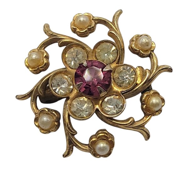 Vintage Floral Brooch With Pink Rhinestone & Faux Pearl Accents Gold Tone - Picture 1 of 8